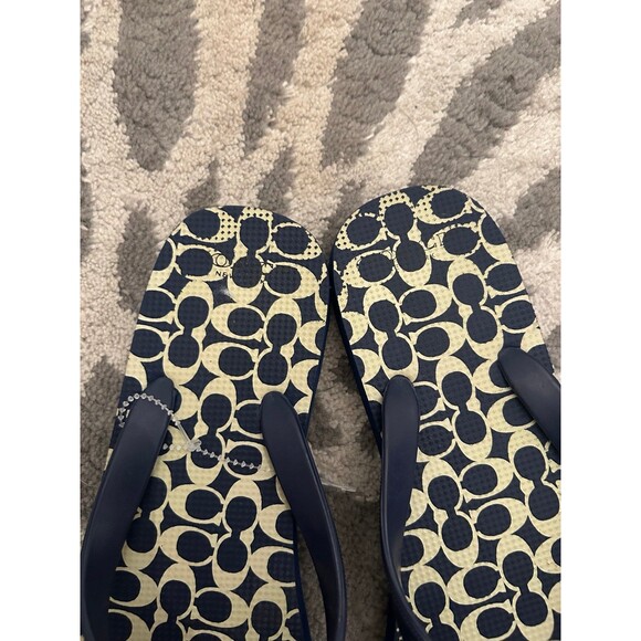 Navy and Cream Monogram C Coach Flip Flops with Silver Bow - Picture 4 of 6